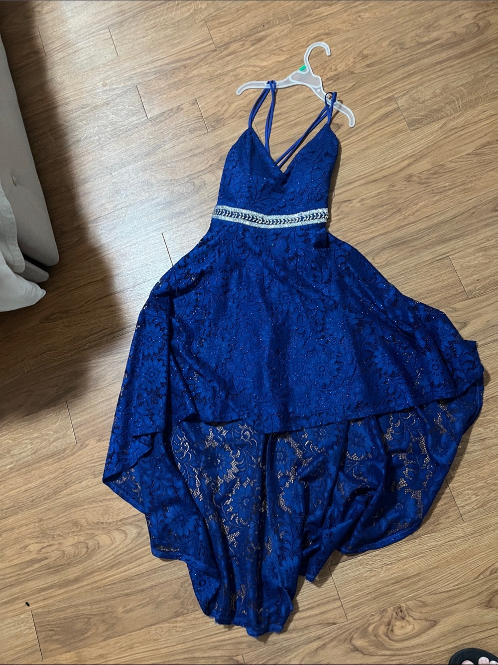 Royal Blue Lace High-Low Formal Dress with Beaded Waist